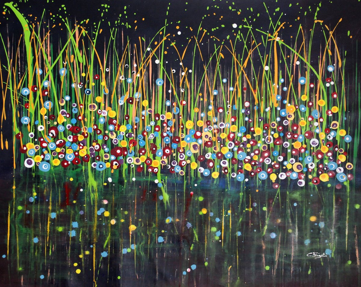 Organic Botanical Acrylic Painting By Cecilia Frigati, 39 X 31, Technicolor Dream # 42, Original Artwork