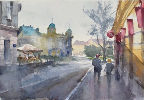Walking by the Masarykova street by Goran Žigolić Watercolors