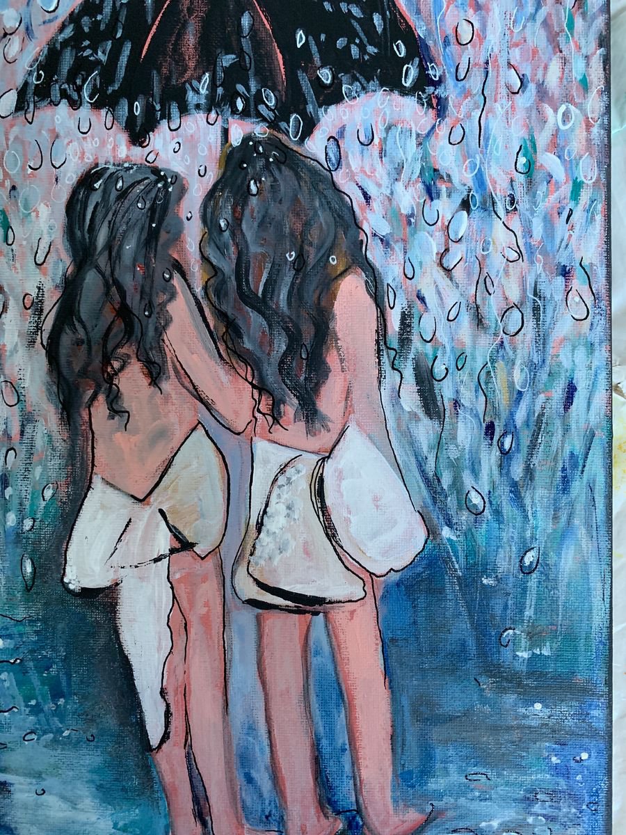 Acrylic Painting of Two Sisters People Portrait Blue Canvas Painting Ready To Hang by Kumi Muttu
