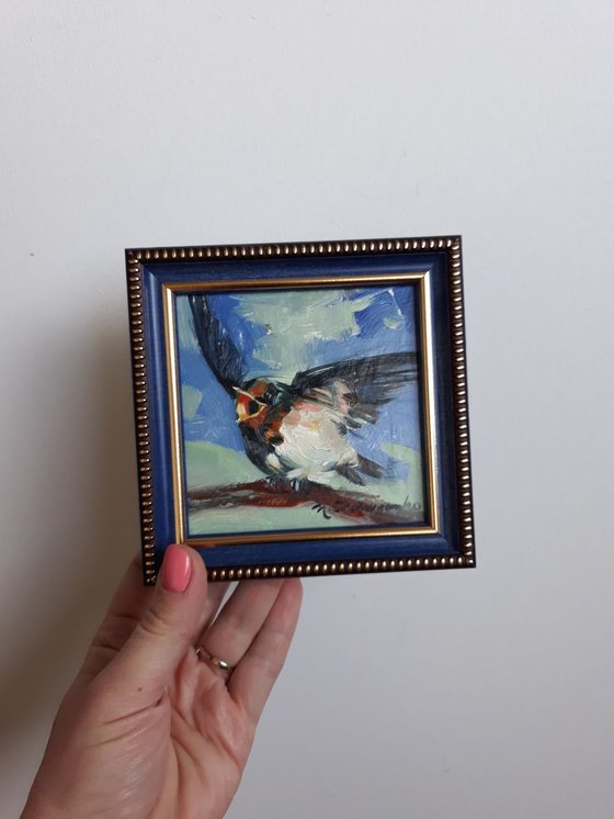 Swallow bird yellow blind original miniature painting in frame