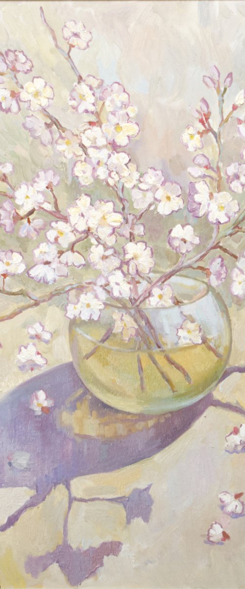 FLOWERING APRICOT BRANCHES- Original  oil painting (2019) by Svetlana Norel