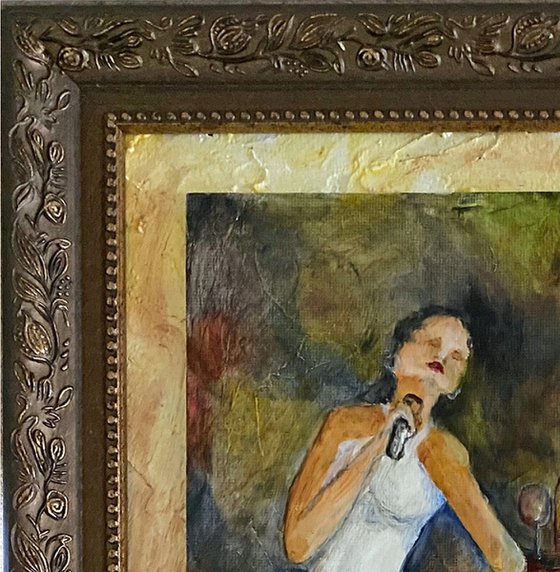 One of a kind female singer painted on a gessoed un-tempered masonite showing several glazes and semi glazes