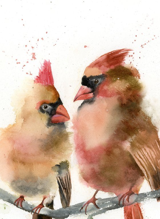 Two Cardinals on a branch - original watercolor painting