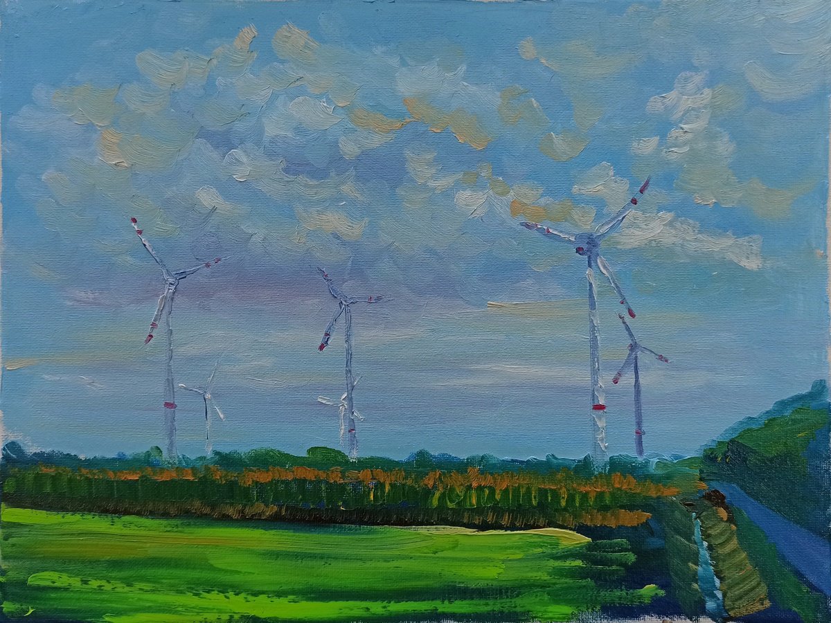 Impressionistic Landscape Oil Painting By Dmitry Fedorov, 16 X 12, Contemporary Windmills, Original Artwork