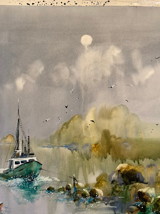 Sold Watercolor “Full moon. Old boat” gift for him