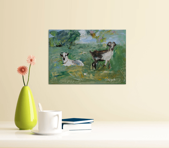 In the field. Goats. Original oil painting (2018)