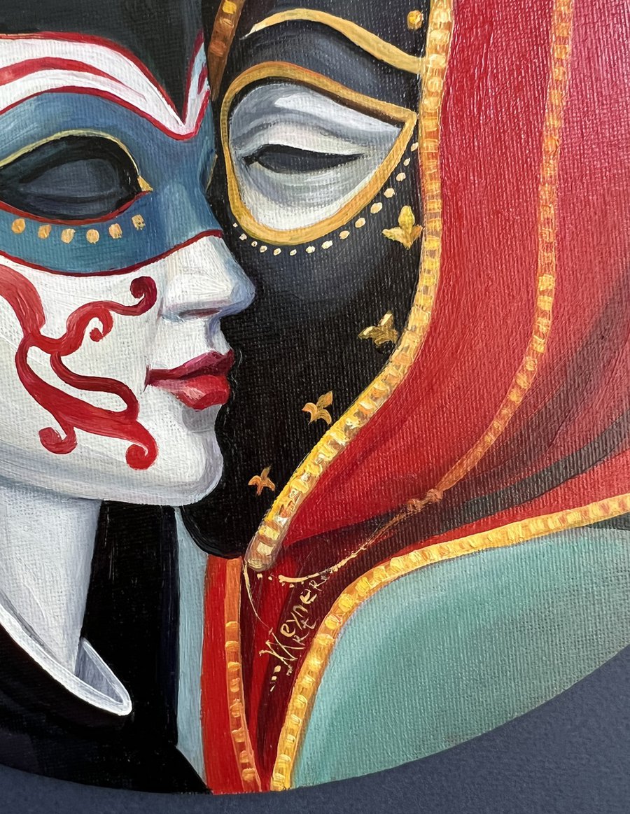 Secret. Portrait of a couple in love wearing masks. Oil painting by ...