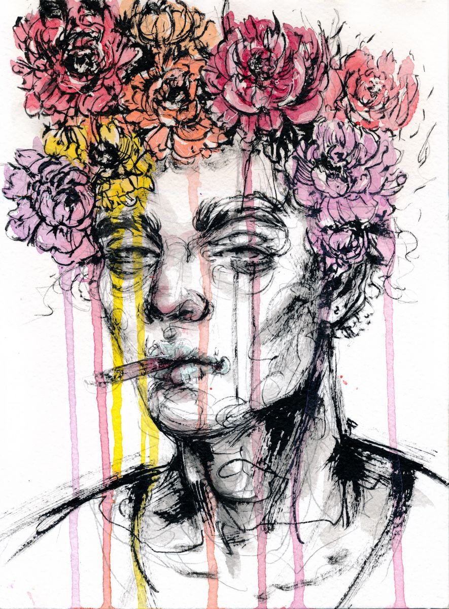 Expressive Portrait Ink Drawing By Doriana Popa, 6 X 8, Wake Me Up, Original Artwork