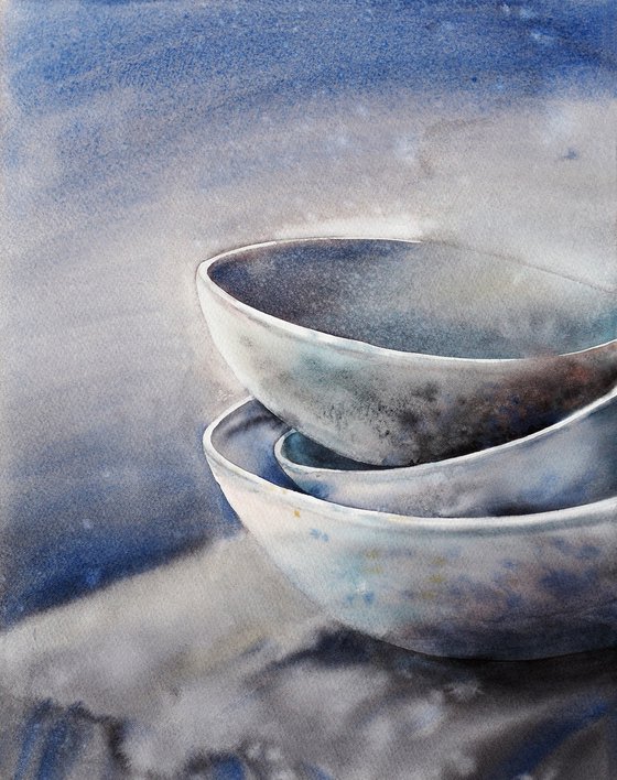 Bowls - original watercolor blue and gray color