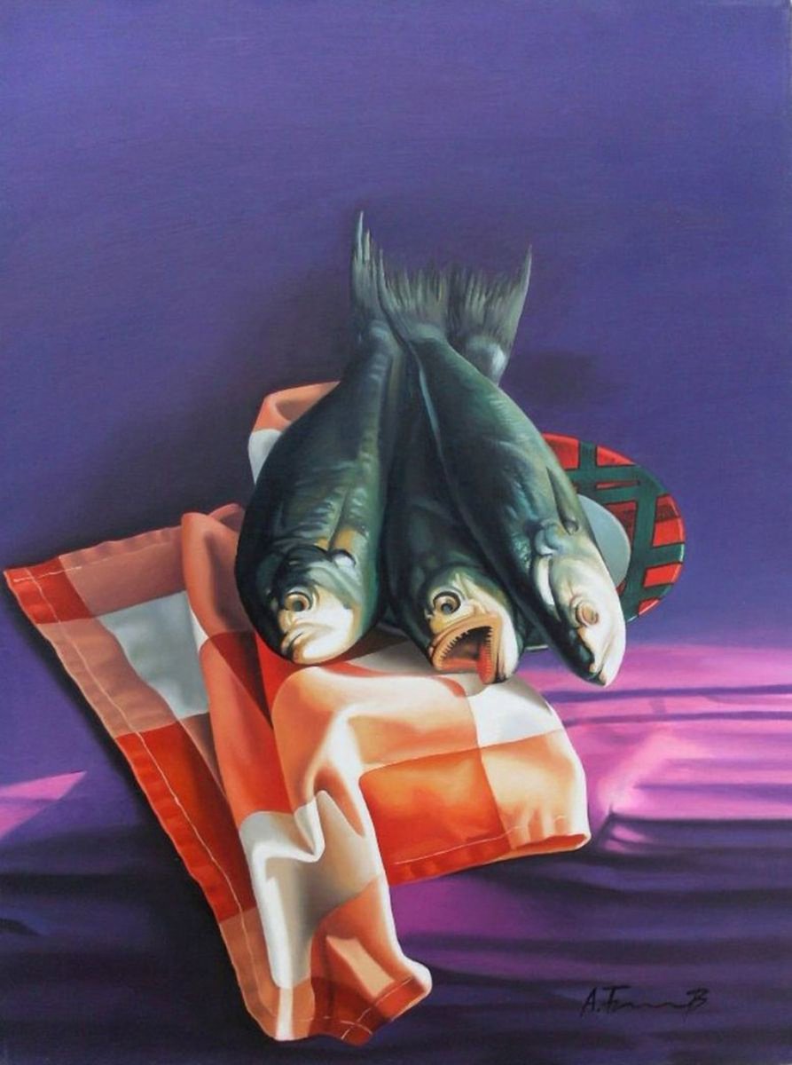 Photorealistic Still Life Oil Painting By Alexander Titorenkov, 12 X 16, Still Life With Fish, Original Artwork