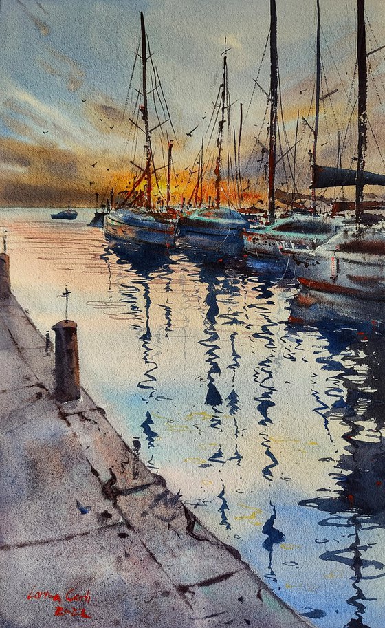 Portorose harbour | Original watercolor painting