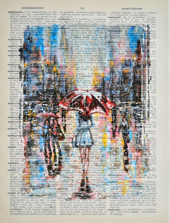 Woman at City - Collage Art on Large Real English Dictionary Vintage Book Page