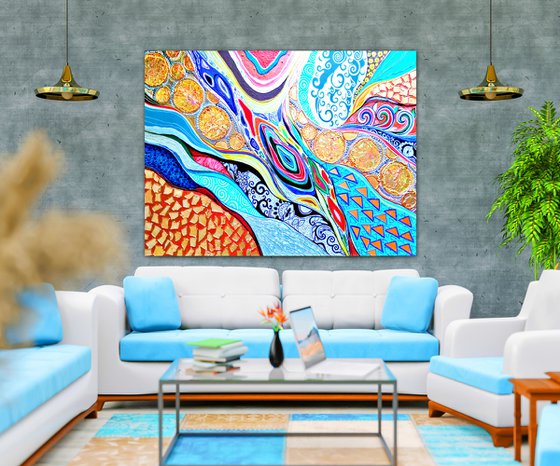 Large abstract painting. Blue turquoise orange gold red wall art