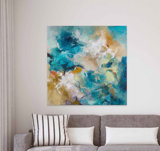 "Earth" Teal orange acrylic abstract art
