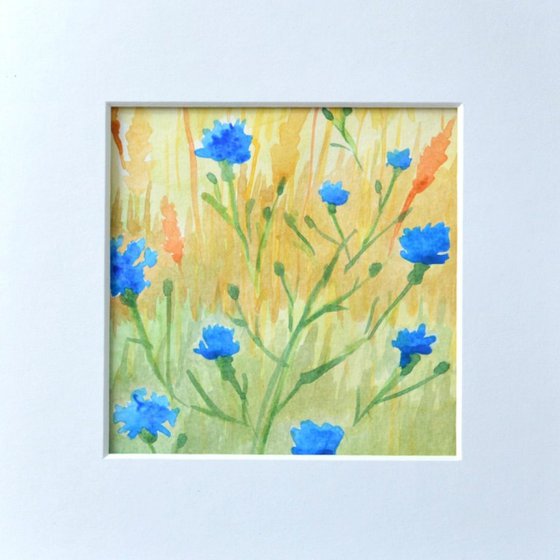 Cornflower Meadow - Mounted Watercolour, small gift idea