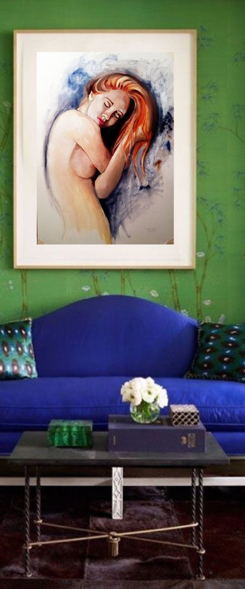 Red head - original painting - 42 x 59 cm (17' x 23')- modern nude oil /watercolor on paper by Carlo Toma