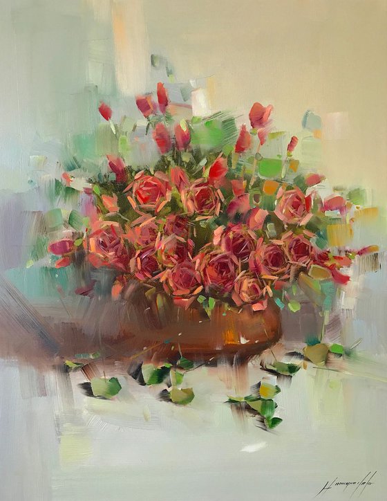 Vase of Roses, Oil painting, One of a kind, Signed, Handmade artwork