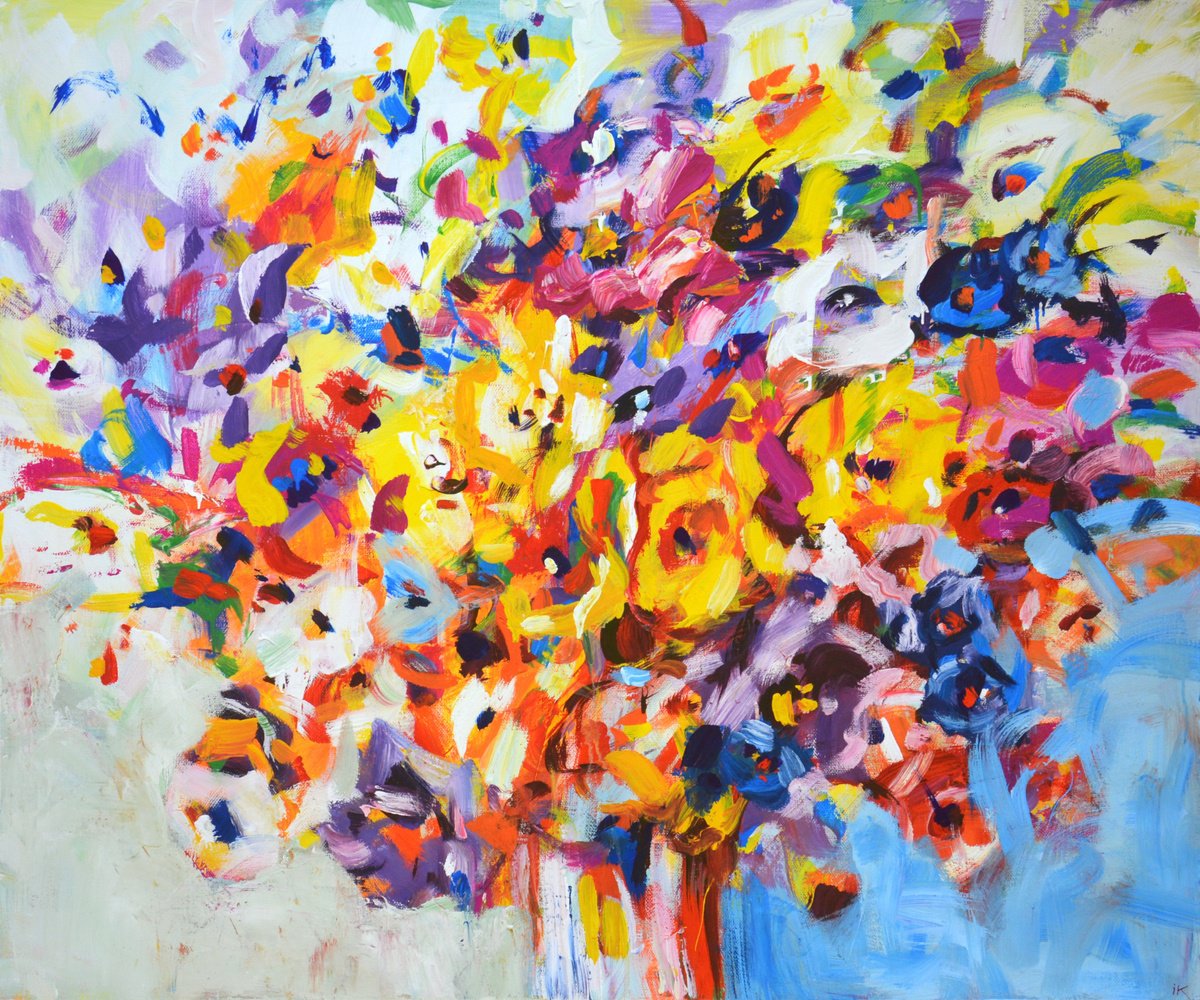 Expressive Botanical Acrylic Painting By Iryna Kastsova, 47 X 39, Abstract Bouquet., Original Artwork