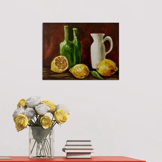 2 Bottles, jar and lemons.  Still life. Palette knife painting on linen canvas