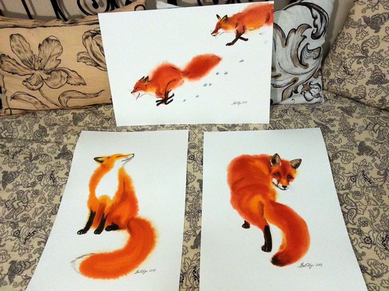 RESERVED -  set of 3 watercolors the "red fox"