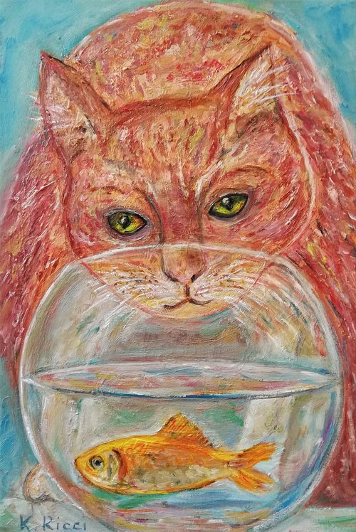 Ginger Cat Red Fish Acquarium| Oil Painting on Canvas Stretching 12x8 in (30x20cm) by Katia Ricci