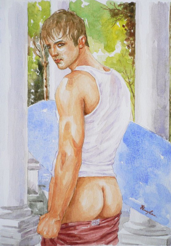 original art watercolour painting  male nude man  on paper #16-4-25-02