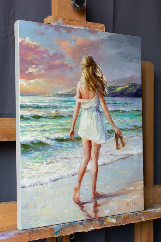 WALK BY THE SEA by Yaroslav Sobol (Modern Impressionistic Figurative Oil painting of a Woman in Romantic Sea Landscape Girl Model Beach scene Gift Home Decor)