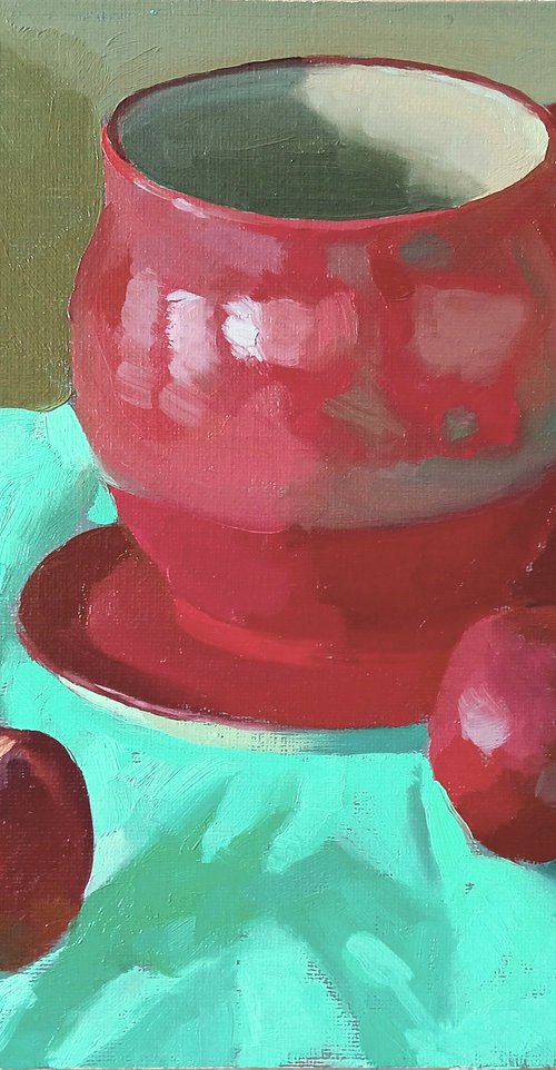 Red Pitcher and Peaches by Vasyl Koval