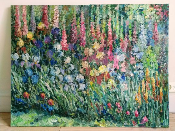 Garden (Irises) diptych. Original oil painting from USA.