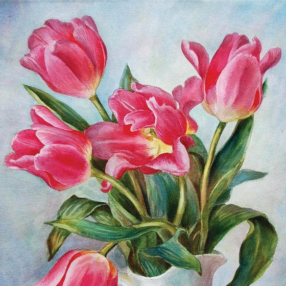 Tulips in a white jug