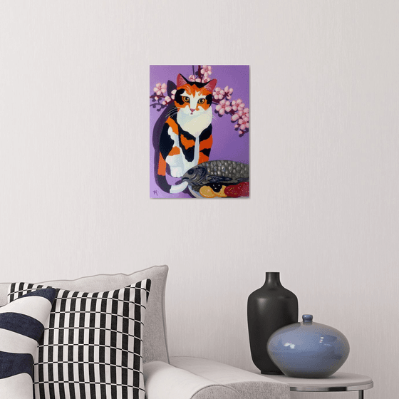 Calico Cat with Fish