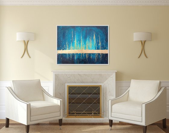 Large Abstract Original Painting with Gold Leaf 80x60cm Turquoise and Gold Deep Colors Artwork