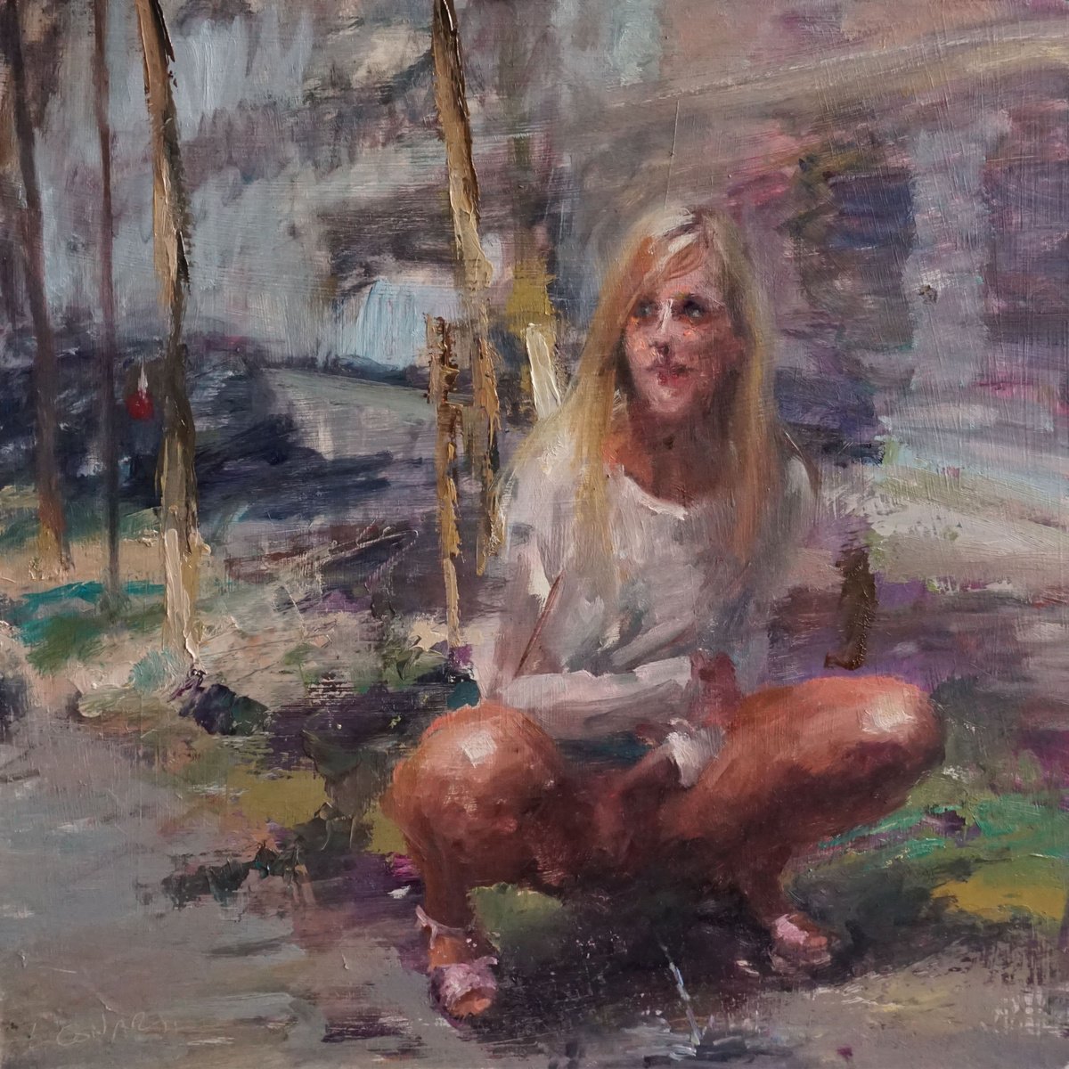 Urban And Pop Portrait Oil Painting By Manuel Leonardi, 16 X 16", Hurrying, Original Artwork