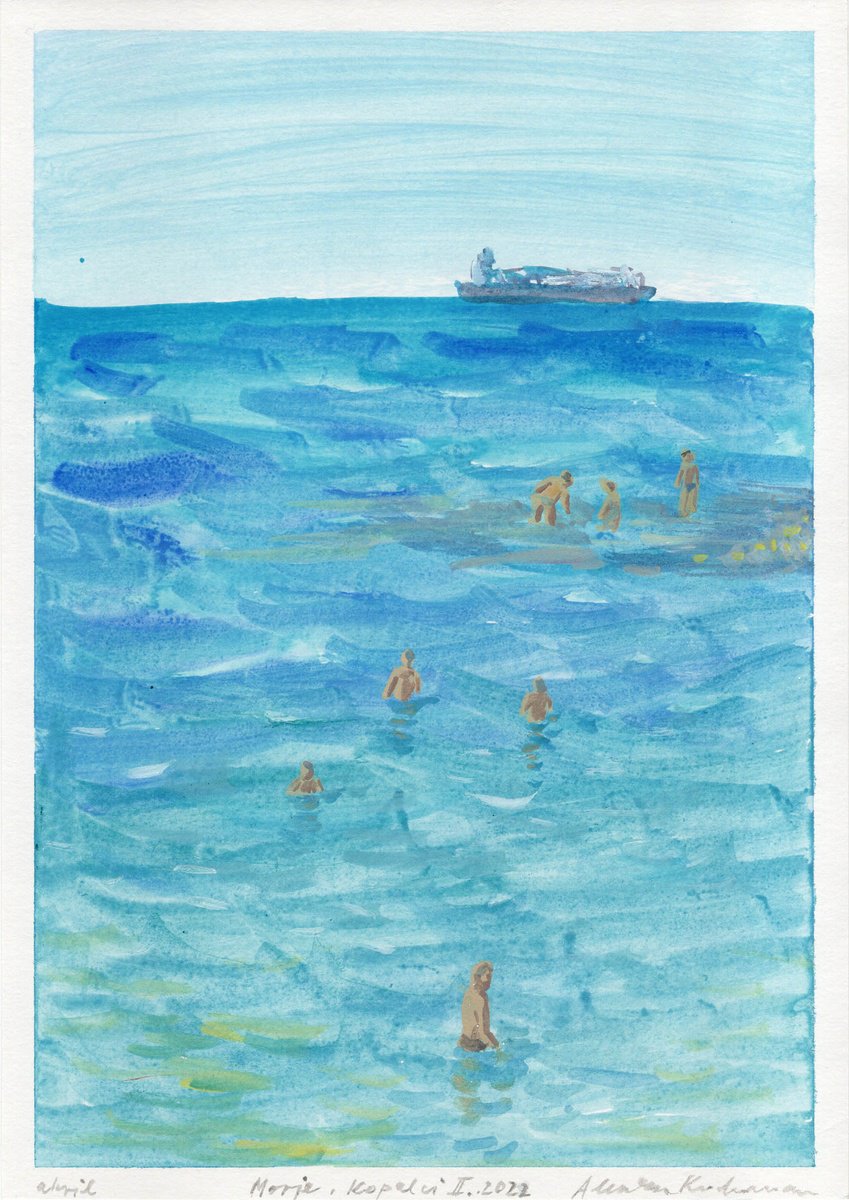 Impressionistic Portrait Drawing By Alenka Koderman, 8 X 12, The Sea, Bathers Ii, Original Artwork