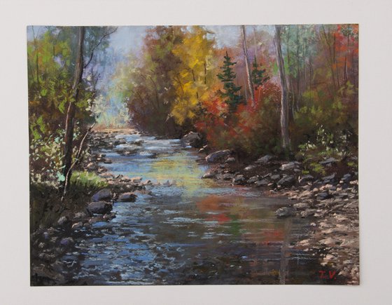 Fall Forest Painting Original Art Autumn Landscape Forest Stream Pastel Drawing