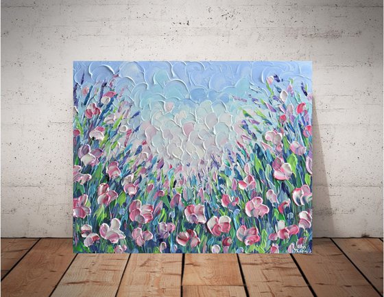 Pink flower field 16"x20" - Impasto acrylic painting