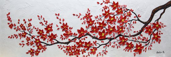 Original Red Cherry Blossom Painting, Abstract Blossom Tree Art, Impasto Floral Art