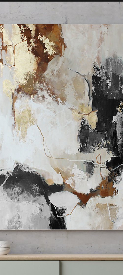 "Gray Flux" Gray gold abstract acrylic art by Yana Sagan