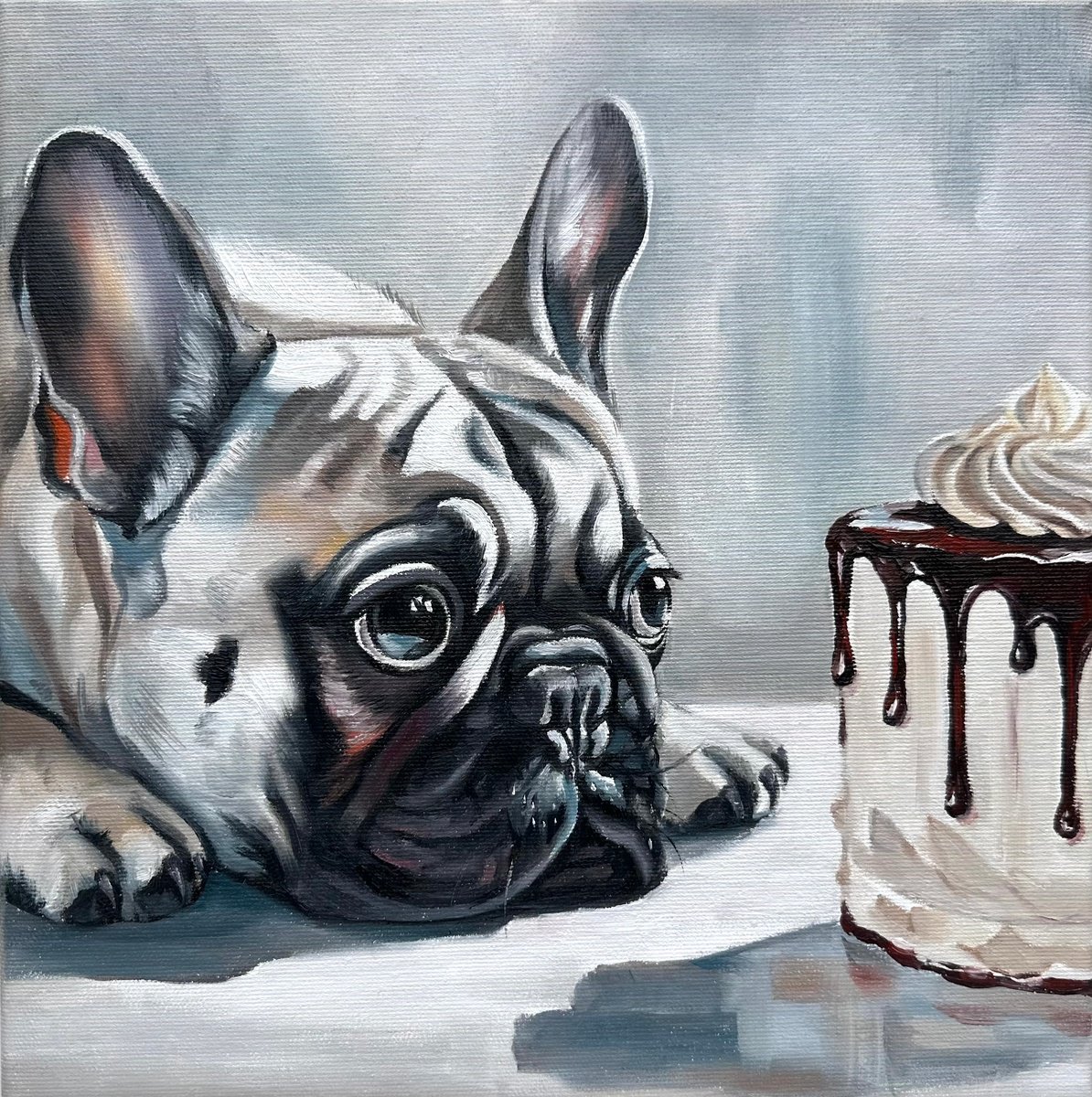 Urban And Pop Oil Painting , Bulldog And Cake By Victo, 12 X 12, Artwork For Sale On Artfinder