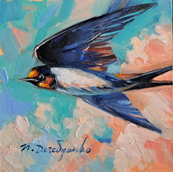 Small bird oil painting original in frame 4x4, Swallow bird picture framed