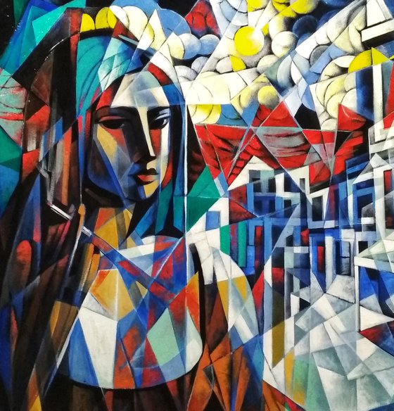 Waiting (90x80cm, cubism, oil painting, ready to hang)