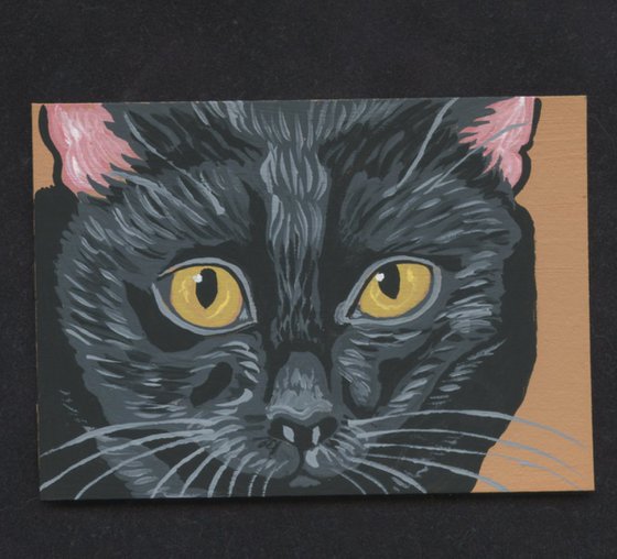 ACEO ATC Original Miniature Painting Bombay Black Cat Pet Feline Art-Carla Smale