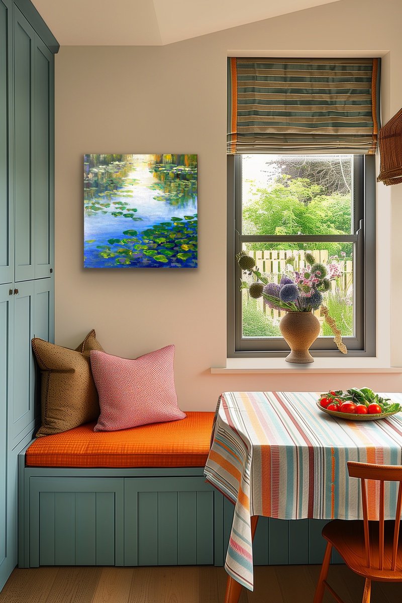 Impressionistic Botanical Oil Painting By Pooja Verma, 12 X 12", Blue Pond And Waterlily Pads, Original Artwork