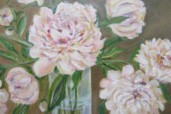 Peonies in a vase - Traditional Original Oil Painting of Blooming Flowers Peonies staying in a Vase on a Round Table covered with a Magenta Cloth Gift Inspiration