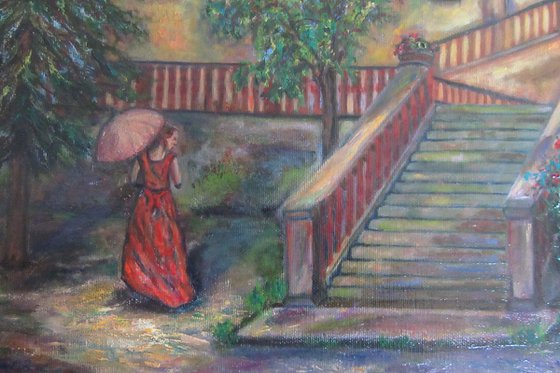 A Walk in a Shady Italian Garden of a Victorian Lady with a Dog Pet Impressionism Monet Classical Scene House Park Trees Garden Original Oil Art Bench Umbrella Villa Stairs