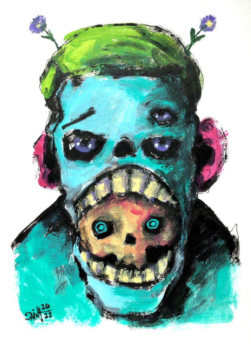 #28 Abstract zombie portrait painting original art, Horror Naive Outsider Folk Art Brut St... by Ruslan Aksenov