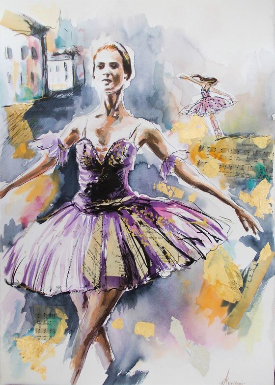 Purple Swan - Ballerina Watercolor Mixed Media Painting