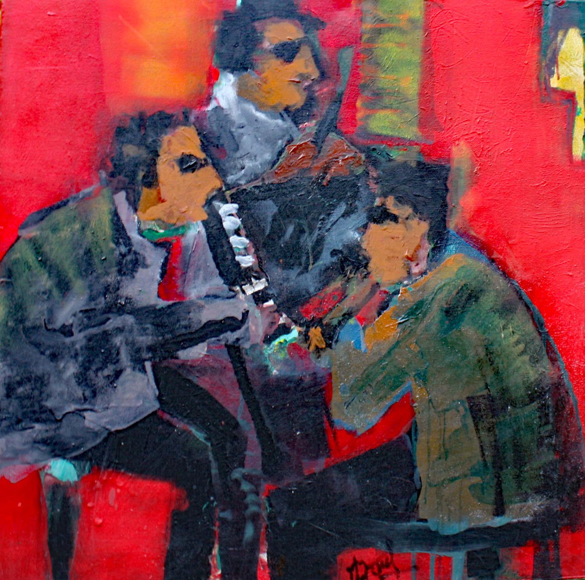 Expressive Portrait Acrylic Painting By Jacques Donneaud, 31 X 31, Black Jazz Orchestra, Original Artwork