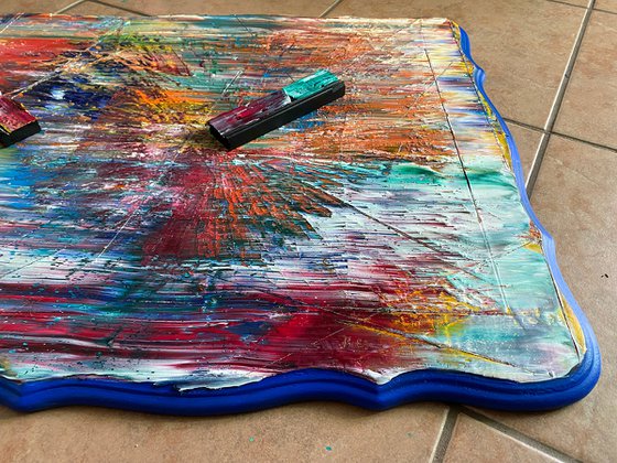 "A Hard Pill To Swallow" - Original PMS Mixed Media Assemblage Sculptural Painting on Recycled Wooden Coffee Table, - 50 x 22 inches