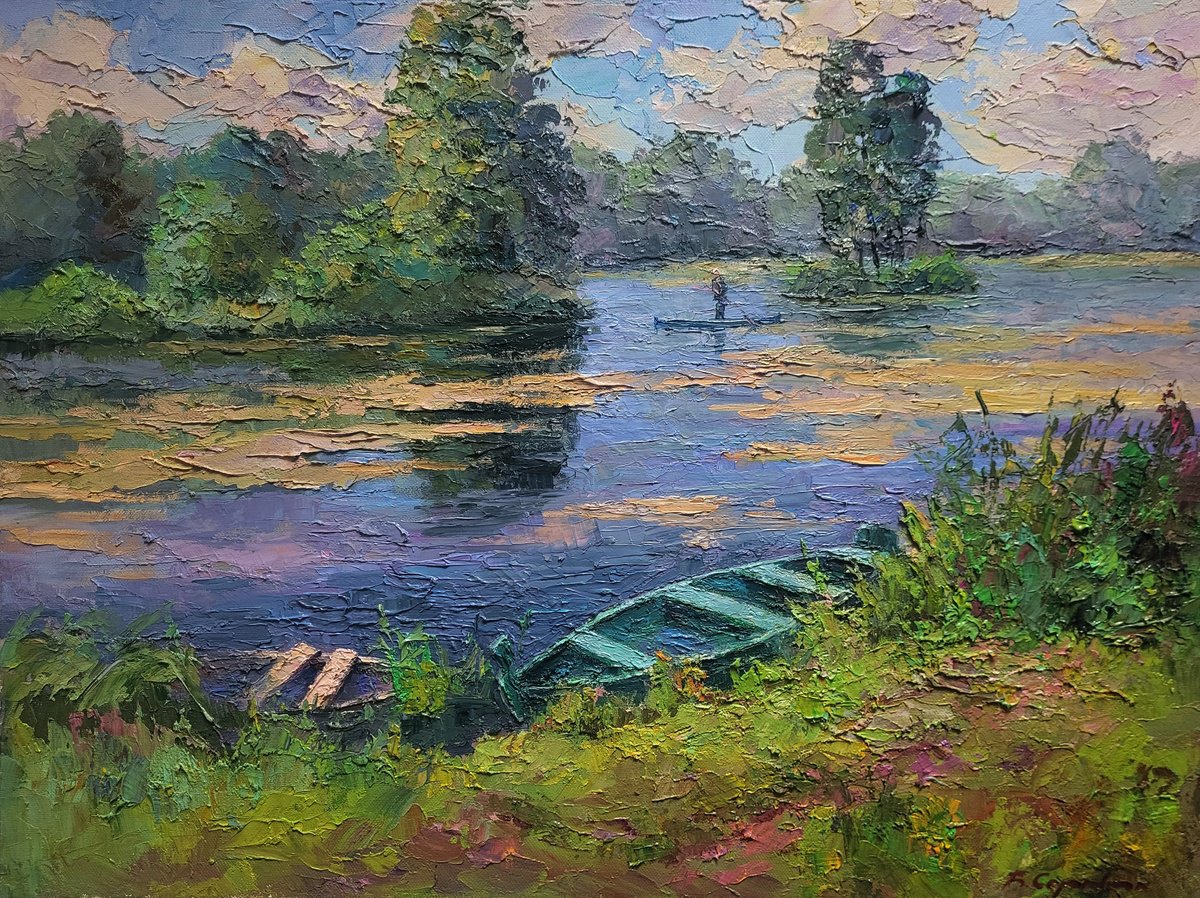 Impressionistic Landscape Oil Painting By Boris Serdyuk, 31 X 24, Boat On The Pond, Original Artwork